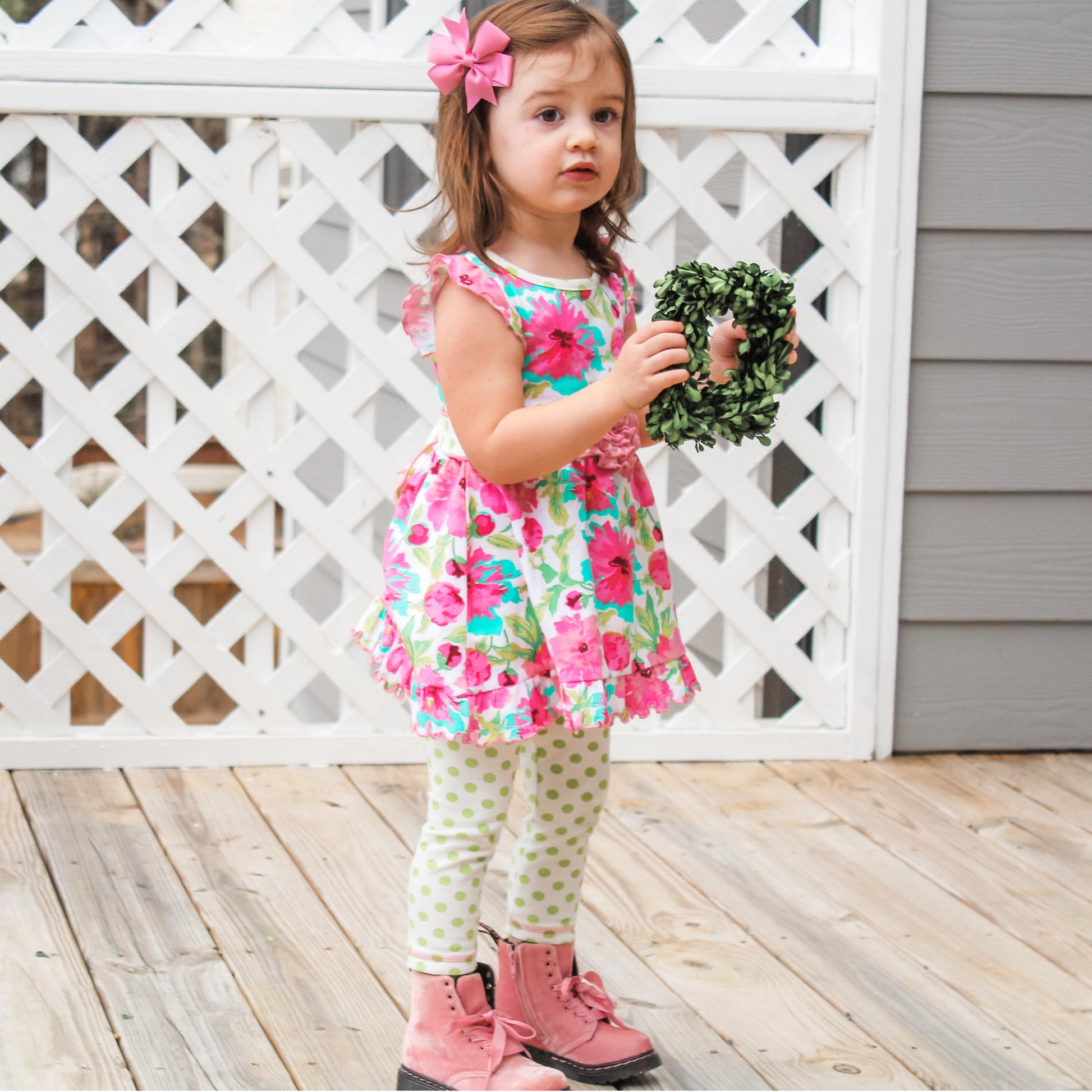 AnnLoren Little & Big Girls Spring Floral Dress Polka Dot Capri Leggings-AnnLoren-9-10-Urbanheer