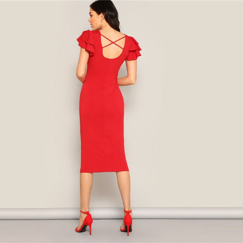 Red Layered Ruffle Sleeve Crisscross Back Bodycon Dress Women Summer Elegant Sleeveless Solid Slim Midi Party Dress-UHXC-Red-XS-Urbanheer
