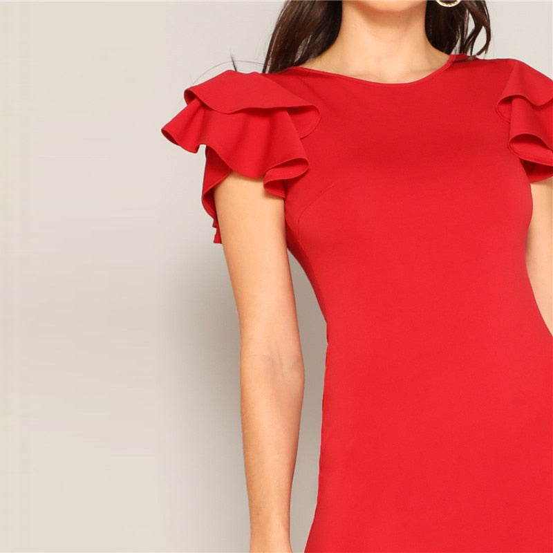 Red Layered Ruffle Sleeve Crisscross Back Bodycon Dress Women Summer Elegant Sleeveless Solid Slim Midi Party Dress-UHXC-Red-XS-Urbanheer