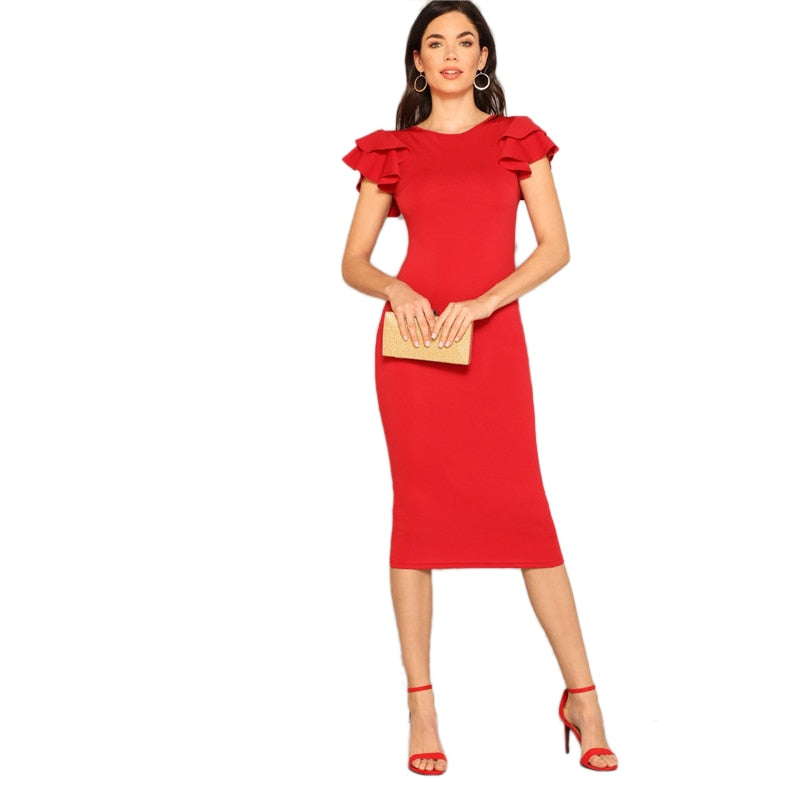 Red Layered Ruffle Sleeve Crisscross Back Bodycon Dress Women Summer Elegant Sleeveless Solid Slim Midi Party Dress-UHXC-Red-XS-Urbanheer