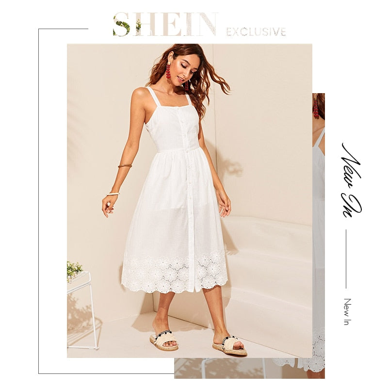 White Embroidered Eyelet Hem Button Up Summer Boho Dress Women Straps Empire Dress Solid Fit And Flare Long Cami Dresses-UHXC-White-XS-Urbanheer