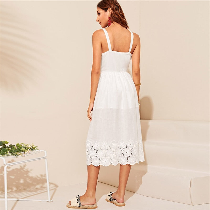 White Embroidered Eyelet Hem Button Up Summer Boho Dress Women Straps Empire Dress Solid Fit And Flare Long Cami Dresses-UHXC-White-XS-Urbanheer