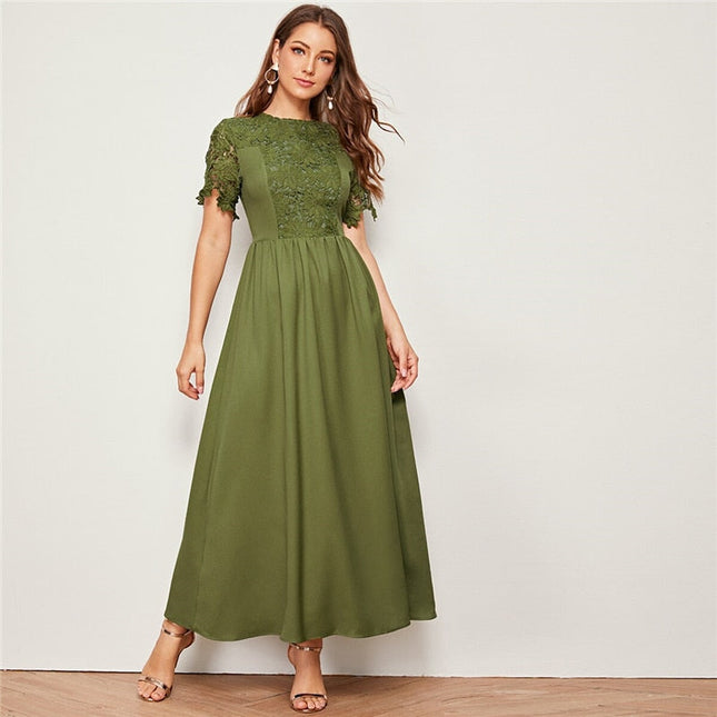 Army Green Solid Guipure Lace Trim Fit And Flare Dress Women Summer Short Sleeve High Waist Elegant Maxi Dresses-UHXC-Urbanheer