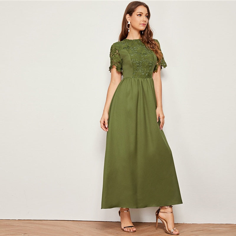 Army Green Solid Guipure Lace Trim Fit And Flare Dress Women Summer Short Sleeve High Waist Elegant Maxi Dresses-UHXC-Army Green-XS-Urbanheer