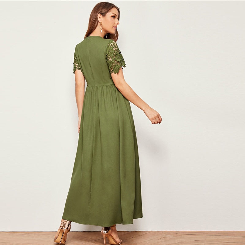 Army Green Solid Guipure Lace Trim Fit And Flare Dress Women Summer Short Sleeve High Waist Elegant Maxi Dresses-UHXC-Army Green-XS-Urbanheer