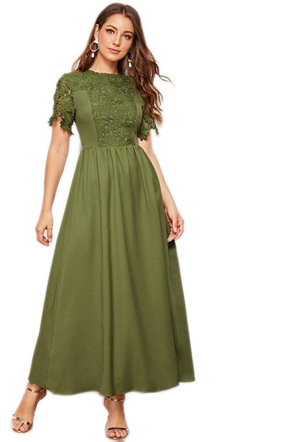Army Green Solid Guipure Lace Trim Fit And Flare Dress Women Summer Short Sleeve High Waist Elegant Maxi Dresses-UHXC-Urbanheer