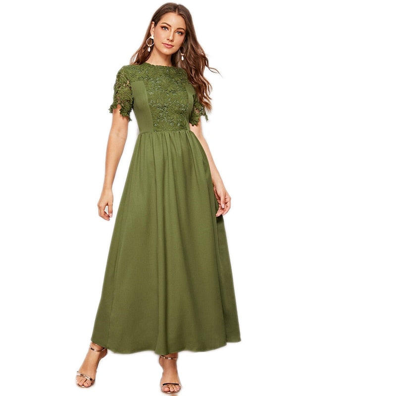 Army Green Solid Guipure Lace Trim Fit And Flare Dress Women Summer Short Sleeve High Waist Elegant Maxi Dresses-UHXC-Army Green-XS-Urbanheer