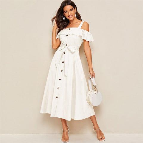 White Flounce Foldover Button Front Self Belted Dress Women Autumn Straps Cold Shoulder Solid Flared Party Long Dresses-UHXC-White-L-Urbanheer