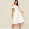 White Flounce Foldover Button Front Self Belted Dress Women Autumn Straps Cold Shoulder Solid Flared Party Long Dresses-UHXC-White-L-Urbanheer
