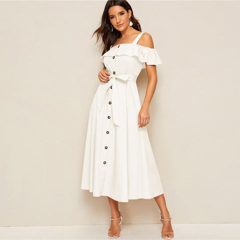 White Flounce Foldover Button Front Self Belted Dress Women Autumn Straps Cold Shoulder Solid Flared Party Long Dresses-UHXC-White-L-Urbanheer