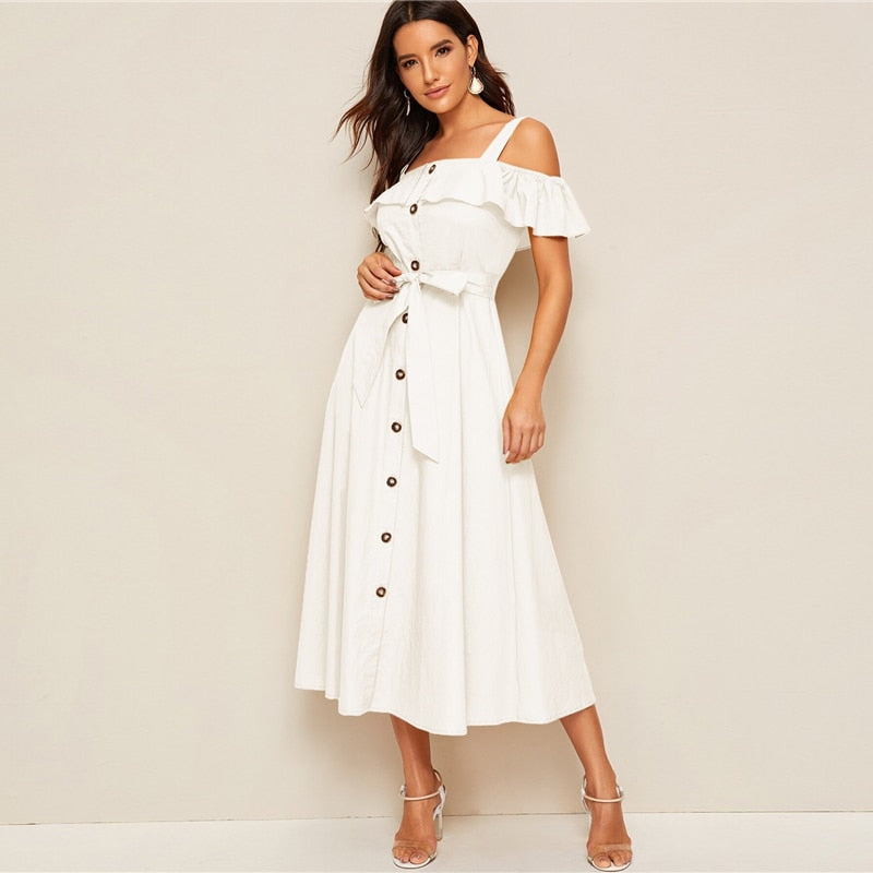 White Flounce Foldover Button Front Self Belted Dress Women Autumn Straps Cold Shoulder Solid Flared Party Long Dresses-Vimost Shop-White-L-Urbanheer