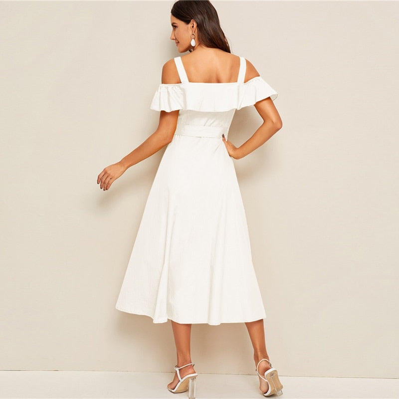 White Flounce Foldover Button Front Self Belted Dress Women Autumn Straps Cold Shoulder Solid Flared Party Long Dresses-UHXC-White-L-Urbanheer