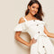 White Flounce Foldover Button Front Self Belted Dress Women Autumn Straps Cold Shoulder Solid Flared Party Long Dresses-UHXC-White-L-Urbanheer