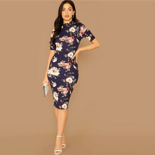 Navy Floral Print Stand Collar Elegant-UHXV-Urbanheer