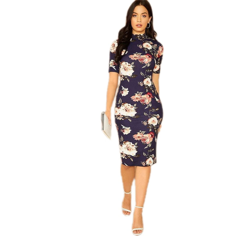 Navy Floral Print Stand Collar Elegant-UHXV-Navy-S-Urbanheer