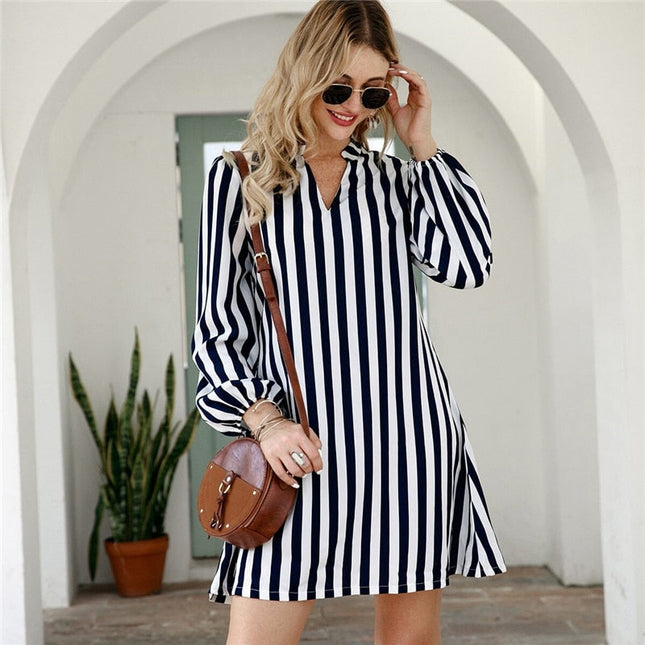 Notched Collar Striped Casual Shirt Dress-UHXV-Urbanheer