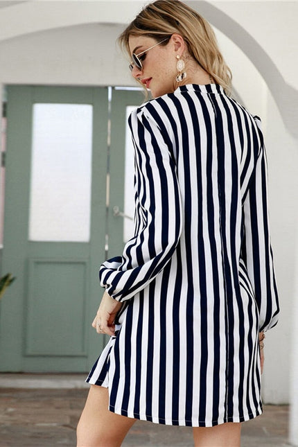 Notched Collar Striped Casual Shirt Dress