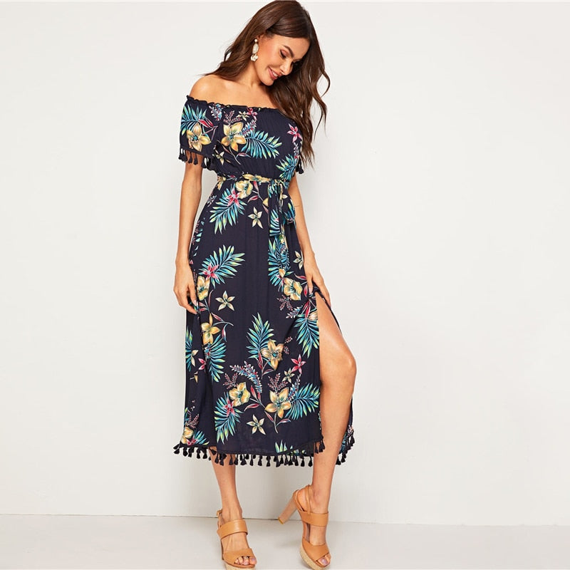 Navy Tropical Print Tassel Trim Split Thigh Belted Bardot Dress Women Summer Off The Shoulder High Waist Boho Long Dresses-UHXC-Navy-XS-Urbanheer