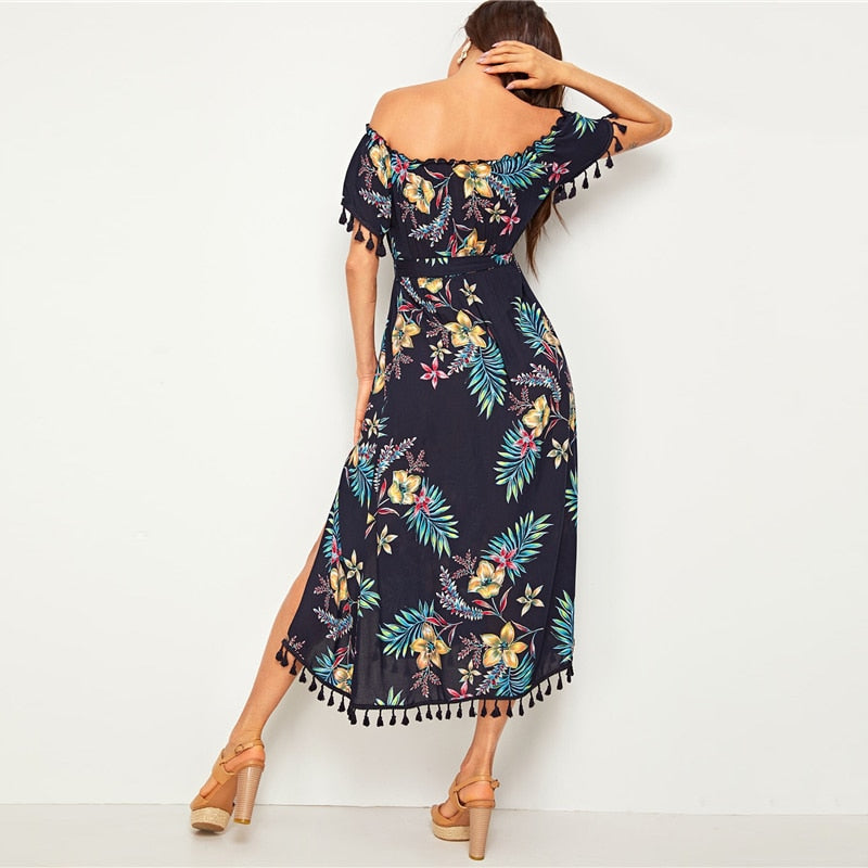 Navy Tropical Print Tassel Trim Split Thigh Belted Bardot Dress Women Summer Off The Shoulder High Waist Boho Long Dresses-UHXC-Navy-XS-Urbanheer