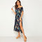 Navy Tropical Print Tassel Trim Split Thigh Belted Bardot Dress Women Summer Off The Shoulder High Waist Boho Long Dresses-UHXC-Navy-XS-Urbanheer