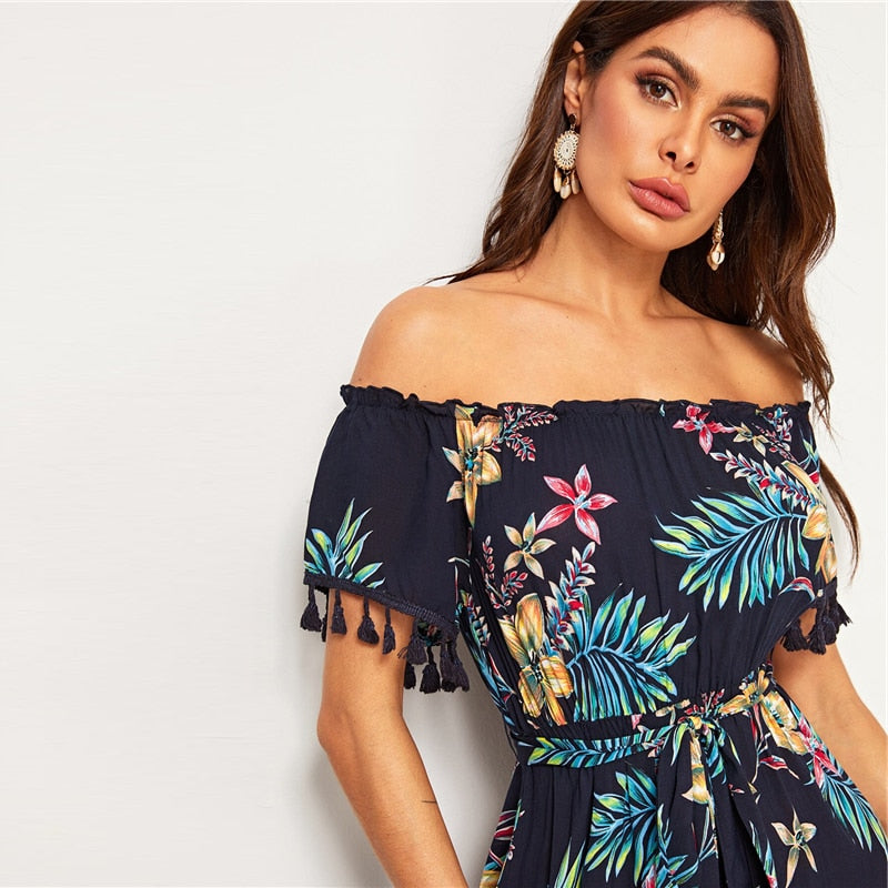 Navy Tropical Print Tassel Trim Split Thigh Belted Bardot Dress Women Summer Off The Shoulder High Waist Boho Long Dresses-UHXC-Navy-XS-Urbanheer