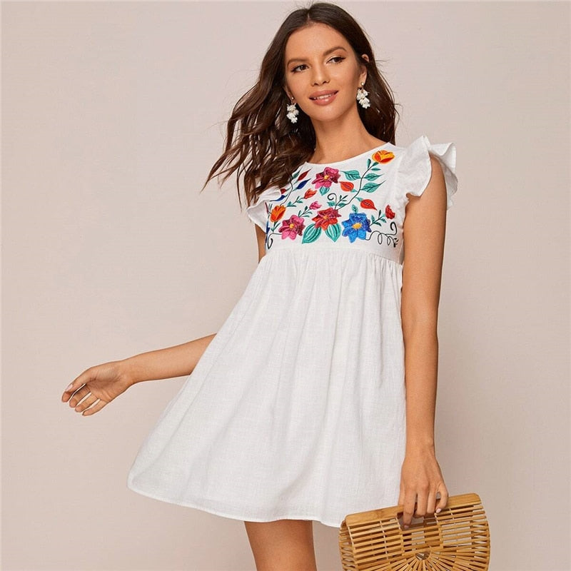 White Ruffle Armhole Embroidery Floral Smock Dress Women Summer High Waist Cap Sleeve Cute Boho Short Flared Dresses-UHXC-White-S-Urbanheer
