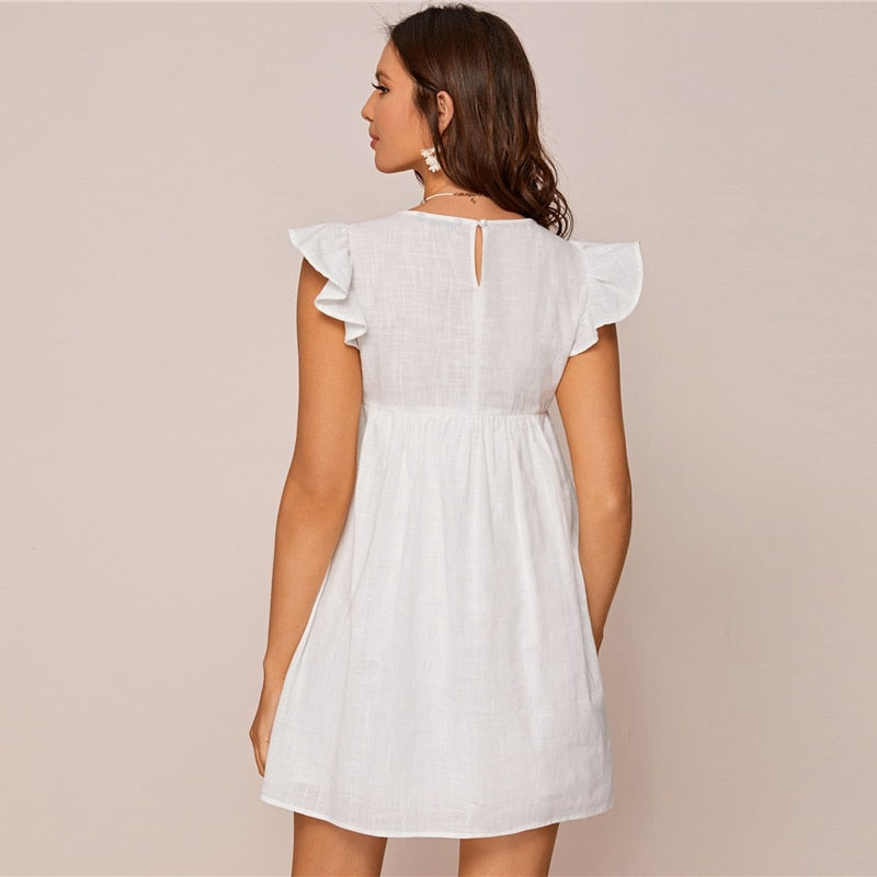 White Ruffle Armhole Embroidery Floral Smock Dress Women Summer High Waist Cap Sleeve Cute Boho Short Flared Dresses-UHXC-White-S-Urbanheer