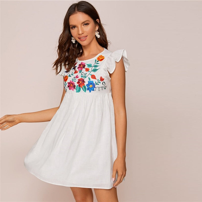 White Ruffle Armhole Embroidery Floral Smock Dress Women Summer High Waist Cap Sleeve Cute Boho Short Flared Dresses-UHXC-White-S-Urbanheer