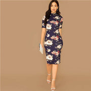 Navy Floral Print Stand Collar Elegant-UHXV-Navy-S-Urbanheer