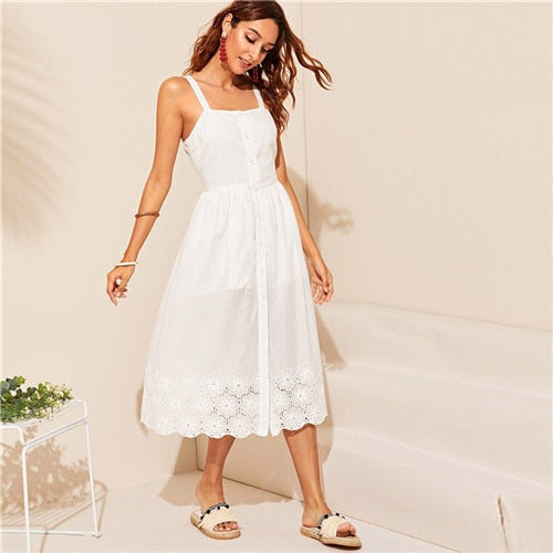 White Embroidered Eyelet Hem Button Up Summer Boho Dress Women Straps Empire Dress Solid Fit And Flare Long Cami Dresses-UHXC-White-XS-Urbanheer