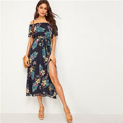 Navy Tropical Print Tassel Trim Split Thigh Belted Bardot Dress Women Summer Off The Shoulder High Waist Boho Long Dresses-UHXC-Navy-XS-Urbanheer