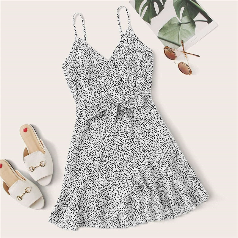 Surplice Wrap Belted Dalmatian Print Ruffle-UHXV-Black-XS-Urbanheer