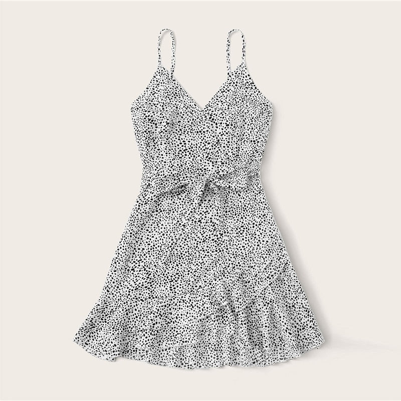 Surplice Wrap Belted Dalmatian Print Ruffle-UHXV-Black-XS-Urbanheer