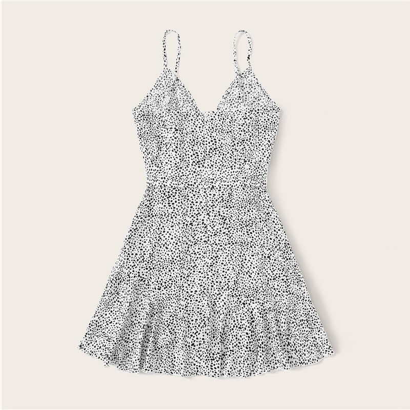 Surplice Wrap Belted Dalmatian Print Ruffle-UHXV-Black-XS-Urbanheer