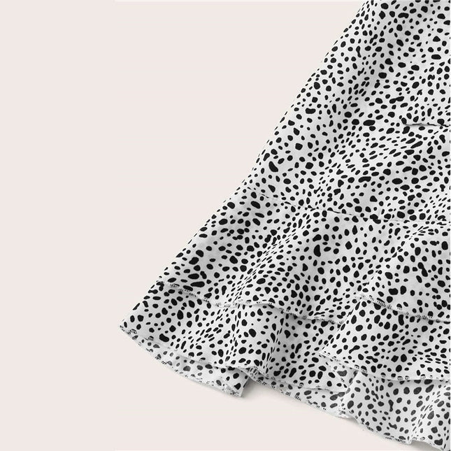 Surplice Wrap Belted Dalmatian Print Ruffle-UHXV-Urbanheer
