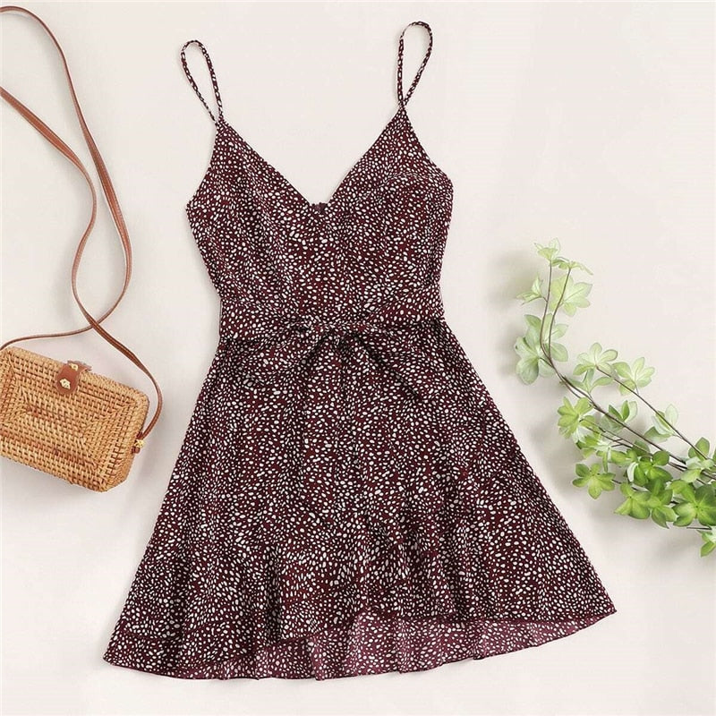 Surplice Wrap Belted Dalmatian Print Ruffle-UHXV-Black-XS-Urbanheer