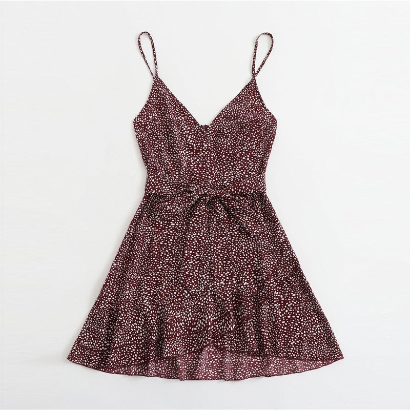 Surplice Wrap Belted Dalmatian Print Ruffle-UHXV-Black-XS-Urbanheer