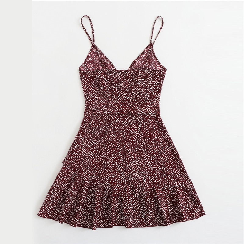 Surplice Wrap Belted Dalmatian Print Ruffle-UHXV-Black-XS-Urbanheer