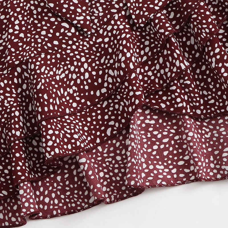 Surplice Wrap Belted Dalmatian Print Ruffle-UHXV-Black-XS-Urbanheer