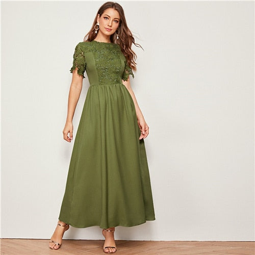 Army Green Solid Guipure Lace Trim Fit And Flare Dress Women Summer Short Sleeve High Waist Elegant Maxi Dresses-UHXC-Army Green-XS-Urbanheer