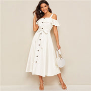 White Flounce Foldover Button Front Self Belted Dress Women Autumn Straps Cold Shoulder Solid Flared Party Long Dresses-Vimost Shop-White-L-Urbanheer