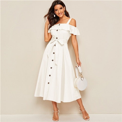White Flounce Foldover Button Front Self Belted Dress Women Autumn Straps Cold Shoulder Solid Flared Party Long Dresses-Vimost Shop-White-L-Urbanheer