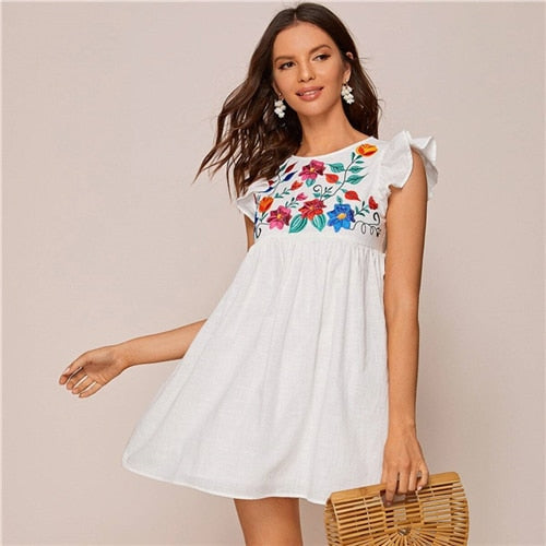 White Ruffle Armhole Embroidery Floral Smock Dress Women Summer High Waist Cap Sleeve Cute Boho Short Flared Dresses-UHXC-White-S-Urbanheer