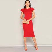 Red Layered Ruffle Sleeve Crisscross Back Bodycon Dress Women Summer Elegant Sleeveless Solid Slim Midi Party Dress-UHXC-Red-XS-Urbanheer