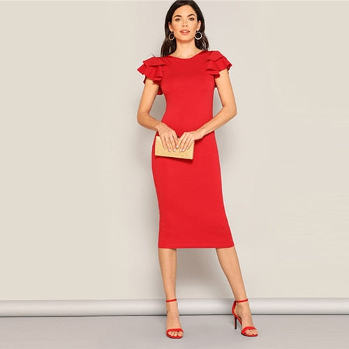 Red Layered Ruffle Sleeve Crisscross Back Bodycon Dress Women Summer Elegant Sleeveless Solid Slim Midi Party Dress-UHXC-Red-XS-Urbanheer