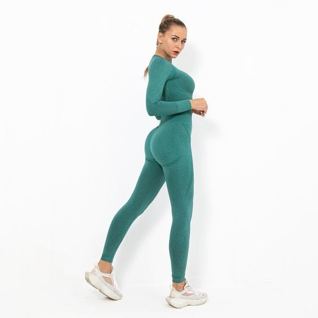 Autumn Yoga Set Women Gym Clothes Seamless Fitness Sportswear Tracksuit Long Sleeve Shirts Leggings Workout Clothing Outfits-UHXC-dark green set-L-United States-Urbanheer
