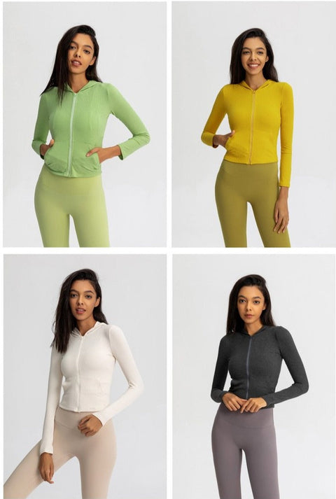 Autumn Seamless Solid Yoga Hoodies Long Shirt Jacket Long Sleeve Zipper Sportswear Hooded Top Gym Fitness Workout Sports Tees-UHXC-green-XL-United States-Urbanheer
