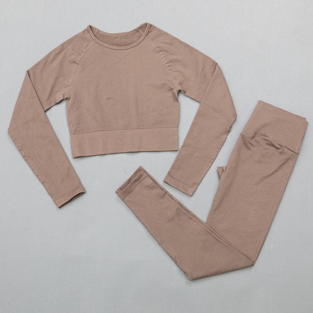 Active Crop Top & Leggings Suit-UHXC-ShirtsPantsBrown-L-Urbanheer