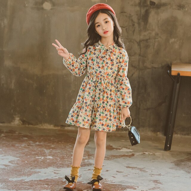 Floral Girls Dress Spring Fall Kids Dresses-UHXV-Beige-150-China-Urbanheer