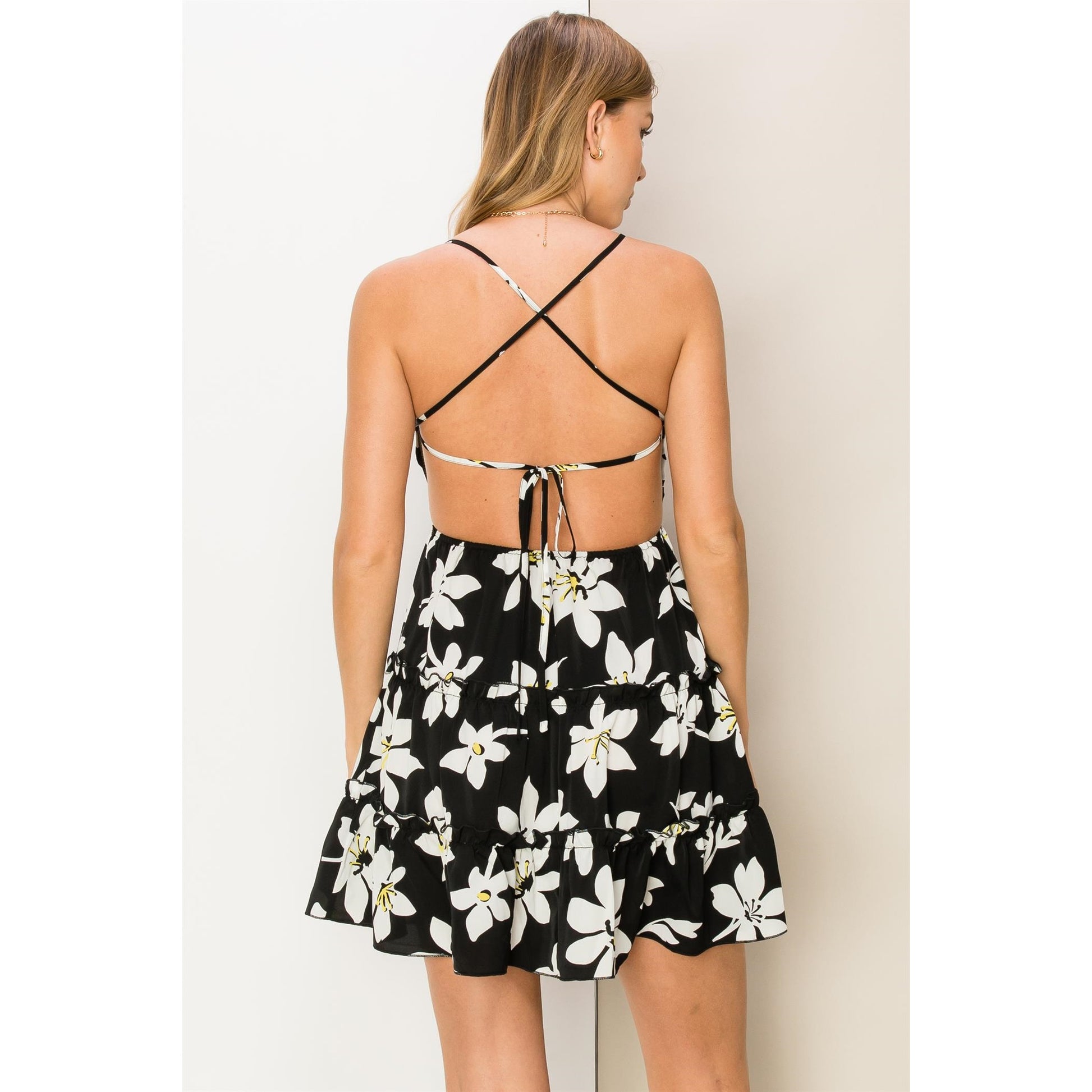 Floral-Print Tie-Back Mini Dress-Street 360-S-Black-Urbanheer